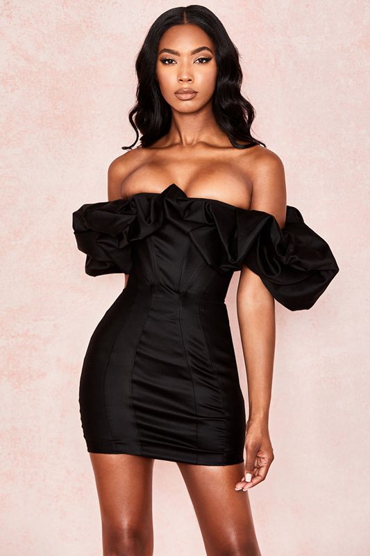 Black House Of Cb Satin Puff Shoulder Dress | DVF-310289