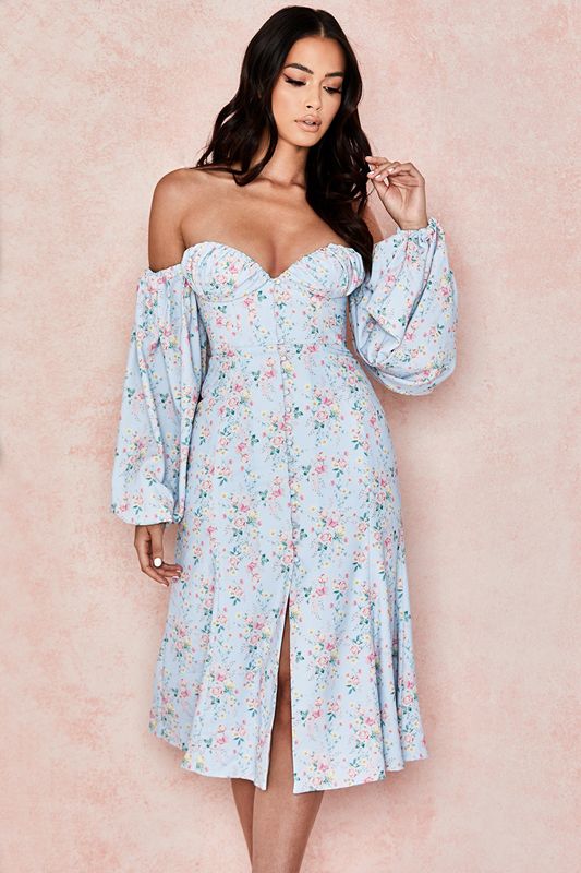 Blue House Of Cb Floral Bardot Midi Dress | RZF-965840