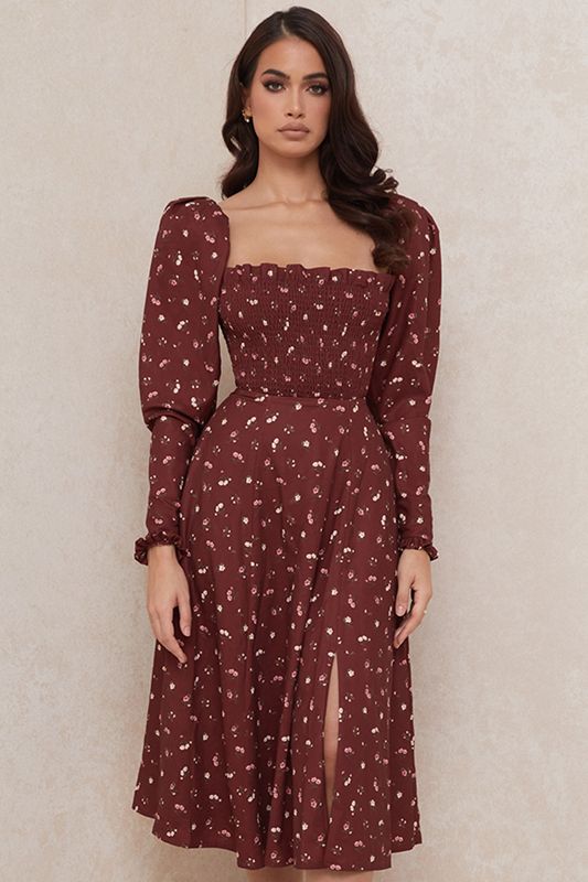 Burgundy House Of Cb Floral Shirred Midi Dress | PYZ-176258