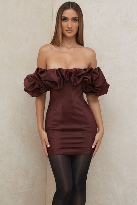 Burgundy House Of Cb Satin Ruffle Strapless Dress | CWT-452783