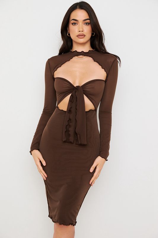 Chocolate House Of Cb Power Mesh Tie Front Midi Dress | ITB-784365