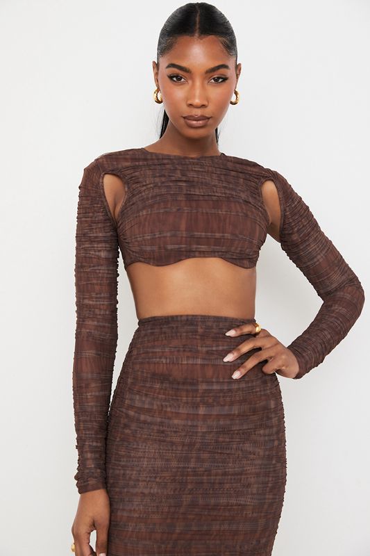 Chocolate House Of Cb Print Ruched Mesh Cutout Cropped Tops | ZGN-851342