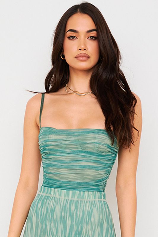 Dark Green House Of Cb Print Ruched Mesh Bodysuit | DJB-743265