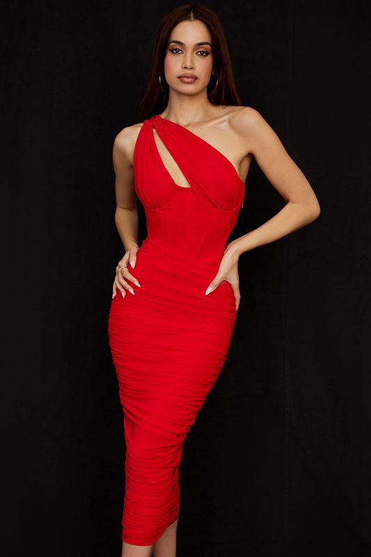 Deep Red House Of Cb Asymmetric Cutout Midi Dress | GLF-871326