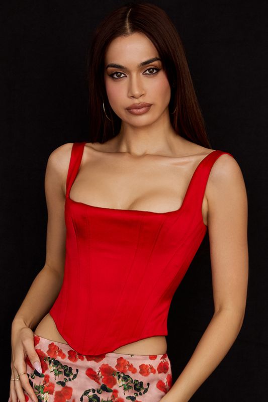 Deep Red House Of Cb Satin Longline Corset | BWT-703649