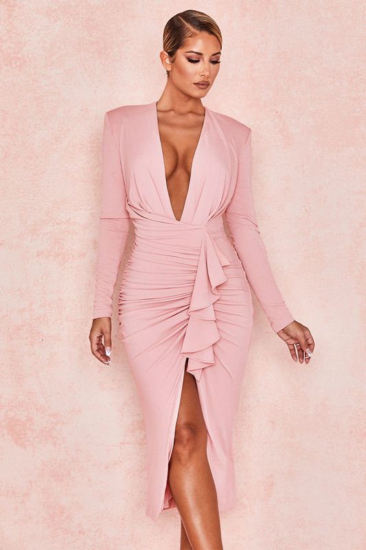 Pink House Of Cb Deep Plunge Midi Dress | YQJ-847956