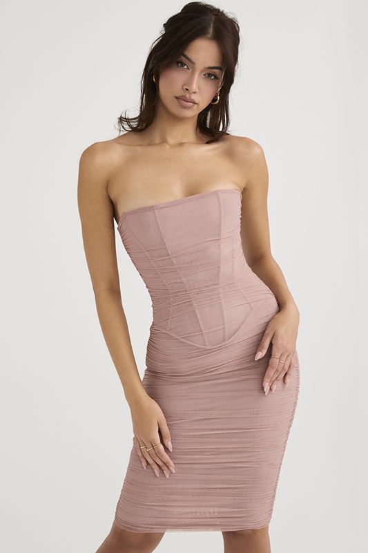 Pink House Of Cb Strapless Ruched Midi Dress | KLG-081537