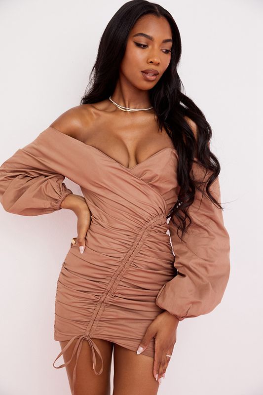 Beige House Of Cb Off Shoulder Mini Dress | CKE-503216