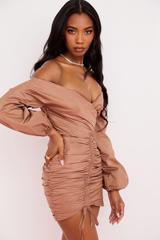 Beige House Of Cb Off Shoulder Mini Dress | CKE-503216