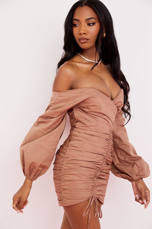 Beige House Of Cb Off Shoulder Mini Dress | CKE-503216