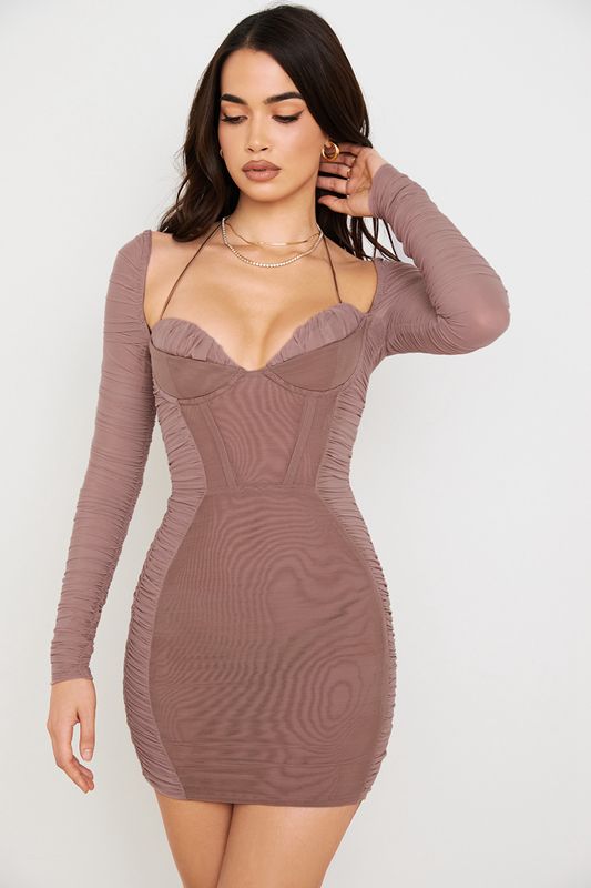 Beige House Of Cb Ruched Mini Dress | NAK-907635