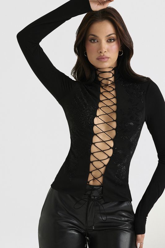 Black House Of Cb Crystallised Lace Up Tops | ELV-038476