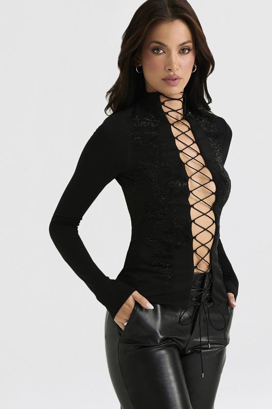 Black House Of Cb Crystallised Lace Up Tops | ELV-038476