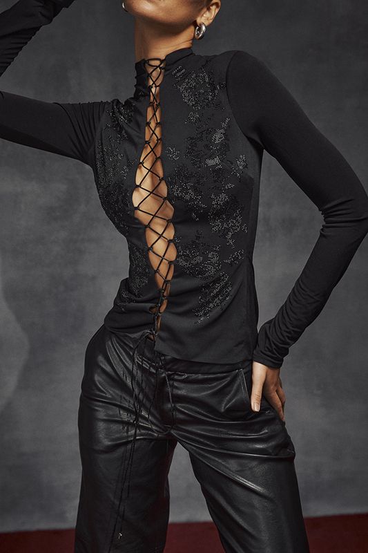 Black House Of Cb Crystallised Lace Up Tops | ELV-038476