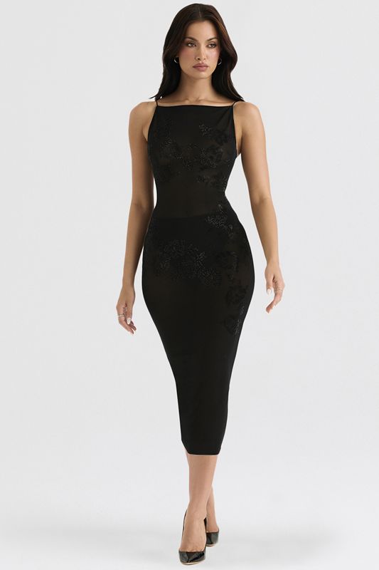 Black House Of Cb Mesh Crystal Embellished Midi Dress | BWG-791038