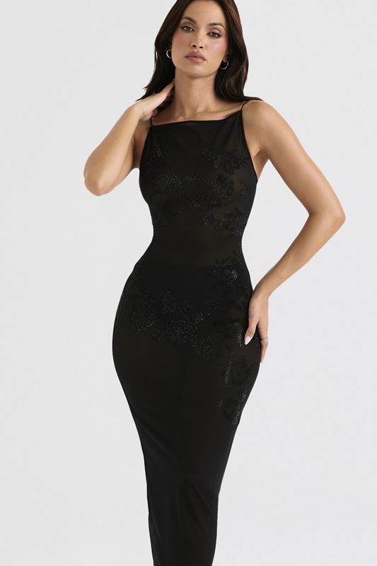 Black House Of Cb Mesh Crystal Embellished Midi Dress | BWG-791038