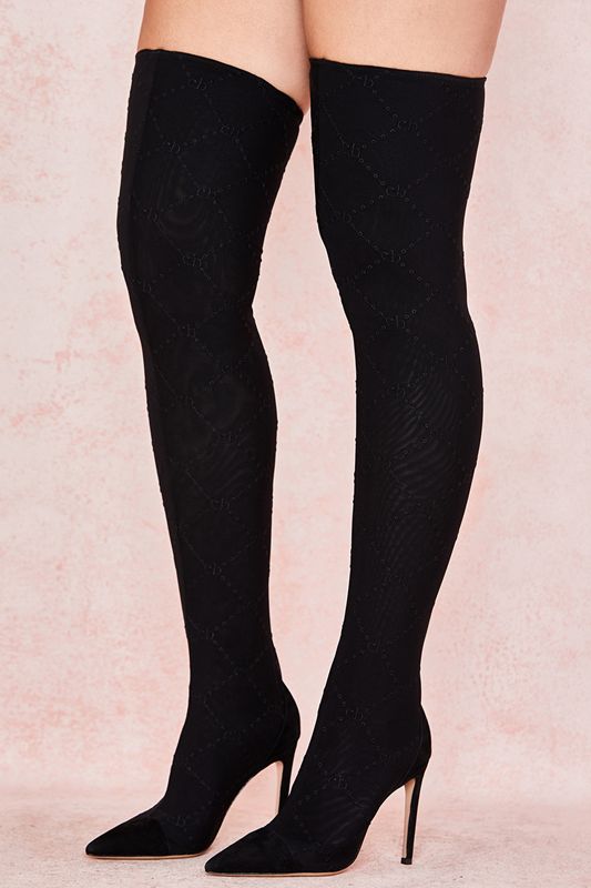 Black House Of Cb Mesh Monogrammed Thigh Boots | FKJ-731928