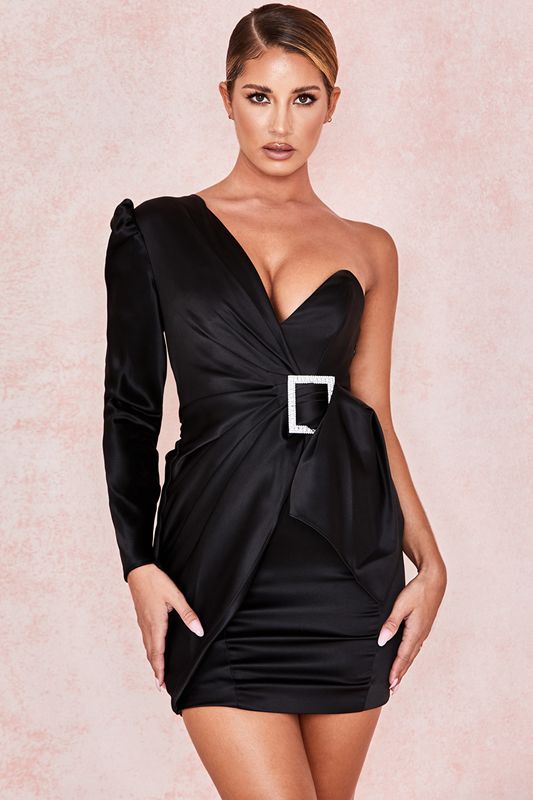 Black House Of Cb One Shoulder Draped Satin  Dress | XTY-792138