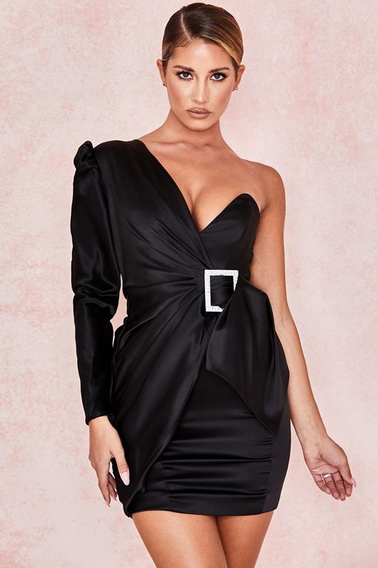 Black House Of Cb One Shoulder Draped Satin  Dress | XTY-792138