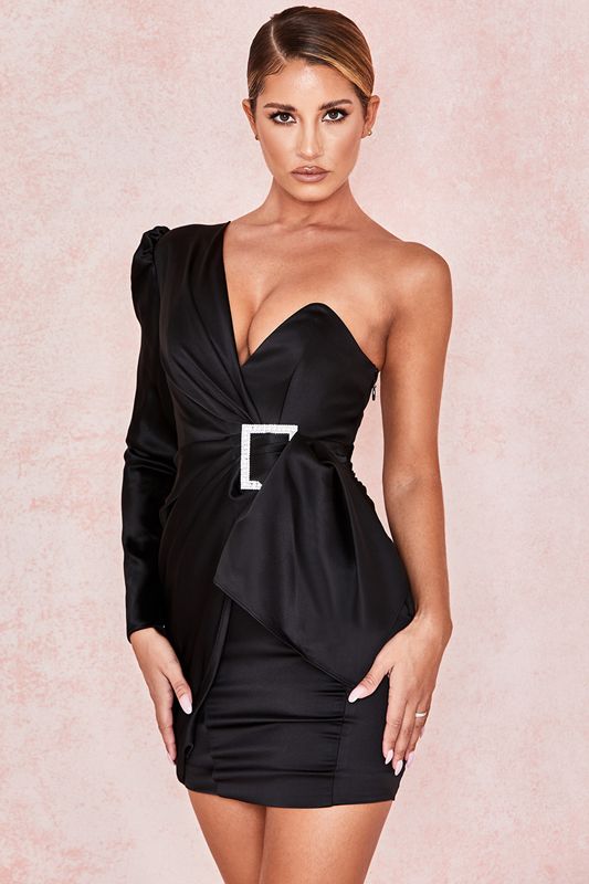 Black House Of Cb One Shoulder Draped Satin  Dress | XTY-792138