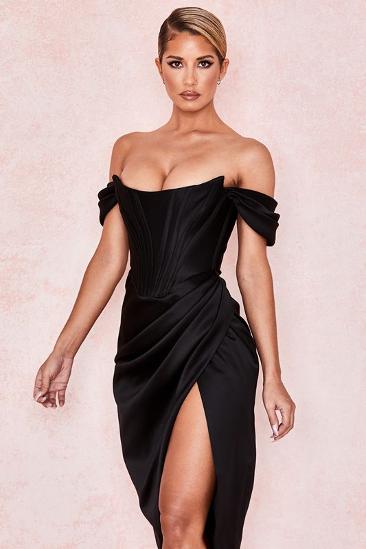 Black House Of Cb Satin Off Shoulder Dress | SUB-342789