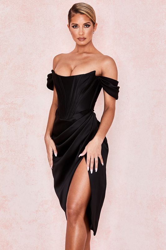 Black House Of Cb Satin Off Shoulder Dress | SUB-342789