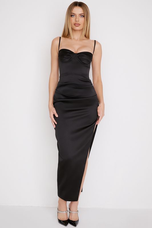 Black House Of Cb Satin Pleated Midi Dress | EPL-510392