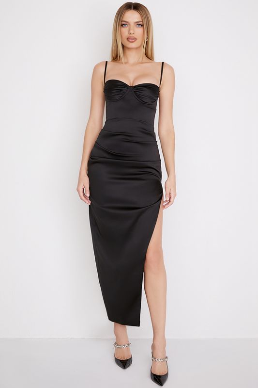 Black House Of Cb Satin Pleated Midi Dress | EPL-510392