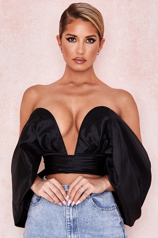 Black House Of Cb Satin Plunge Off Shoulder Bustier Tops | AGP-483075