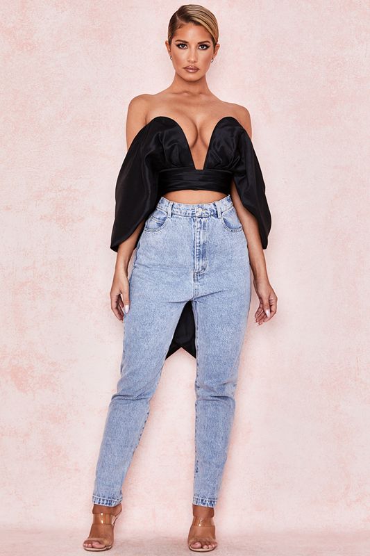 Black House Of Cb Satin Plunge Off Shoulder Bustier Tops | AGP-483075