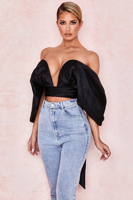 Black House Of Cb Satin Plunge Off Shoulder Bustier Tops | AGP-483075