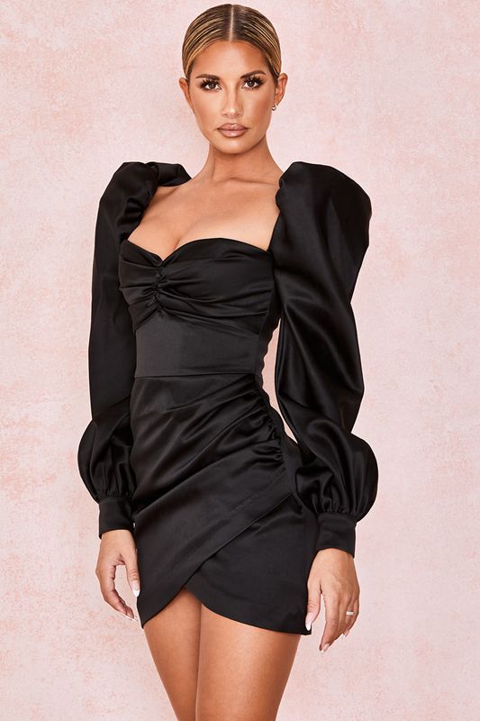 Black House Of Cb Satin Puff Sleeve Dress | RAQ-174628