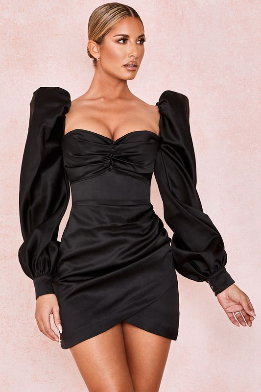 Black House Of Cb Satin Puff Sleeve Dress | RAQ-174628