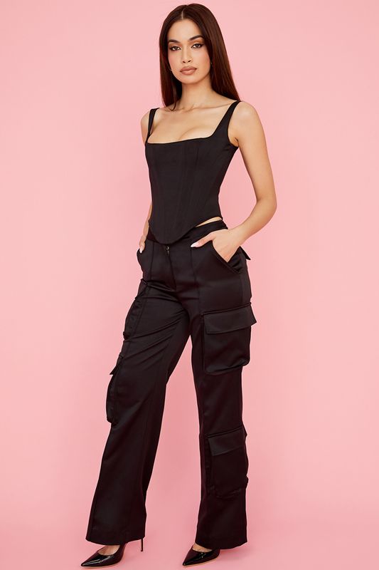 Black House Of Cb Satin Straight Leg Cargos  Pants | NJI-478592