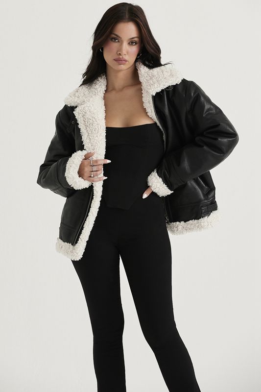 Black House Of Cb Vegan Shearling Aviator Jacket | RSE-391650