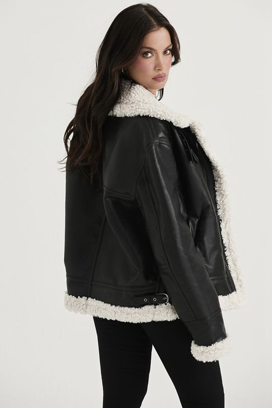 Black House Of Cb Vegan Shearling Aviator Jacket | RSE-391650