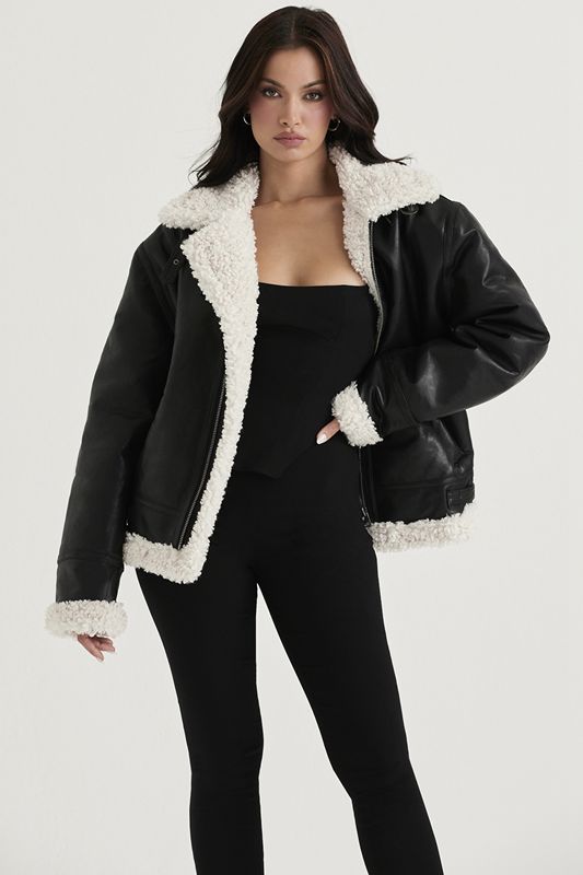 Black House Of Cb Vegan Shearling Aviator Jacket | RSE-391650