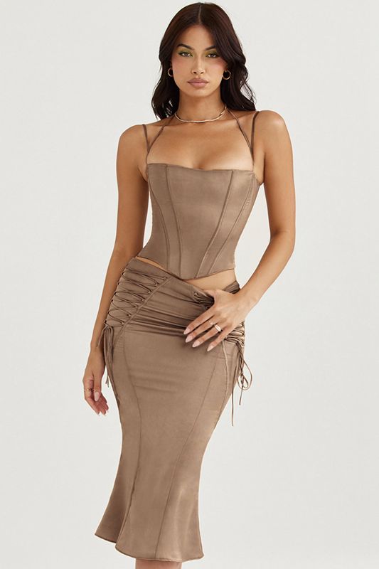 Brown House Of Cb Satin Lace Up Midi  Skirts | VHW-845610