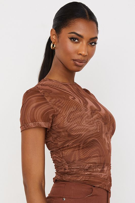 Brown House Of Cb Swirl Print Asymmetric T Shirts | CFU-076921