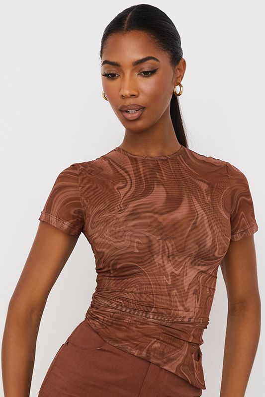 Brown House Of Cb Swirl Print Asymmetric T Shirts | CFU-076921