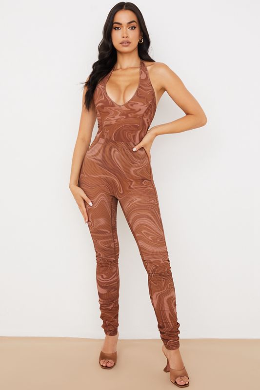 Brown House Of Cb Swirl Print Halter Bodysuit | LZU-654102