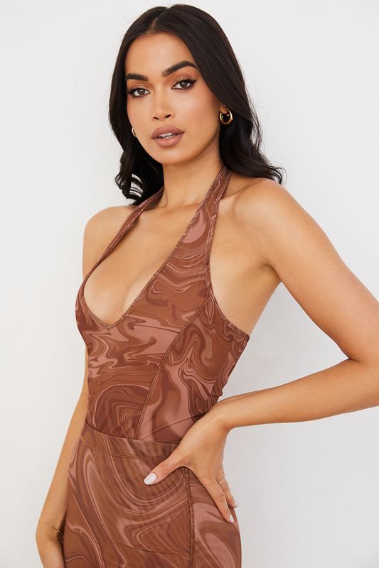 Brown House Of Cb Swirl Print Halter Bodysuit | LZU-654102