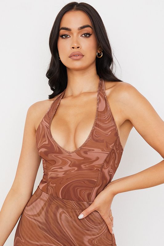 Brown House Of Cb Swirl Print Halter Bodysuit | LZU-654102