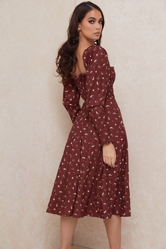 Burgundy House Of Cb Floral Shirred Midi Dress | PYZ-176258