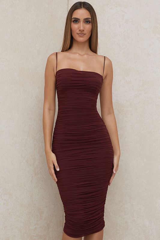 Burgundy House Of Cb Gathered Organza Mesh Dress | FIE-967540