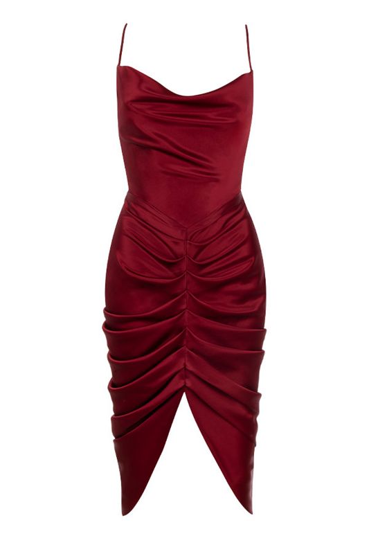 Burgundy House Of Cb Satin Draped Dress | MKA-741280