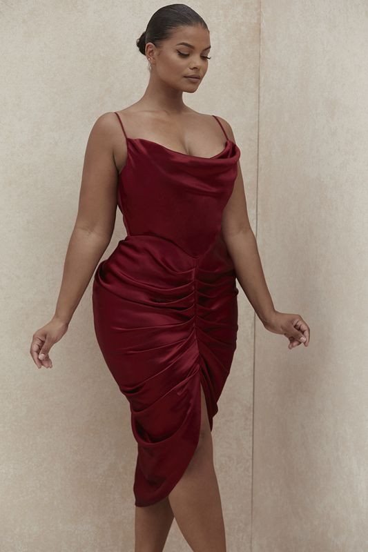 Burgundy House Of Cb Satin Draped Dress | MKA-741280