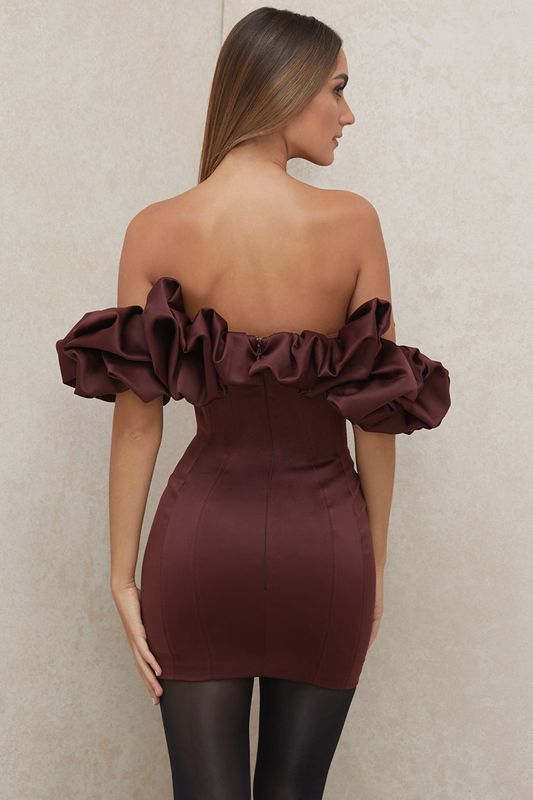 Burgundy House Of Cb Satin Ruffle Strapless Dress | CWT-452783