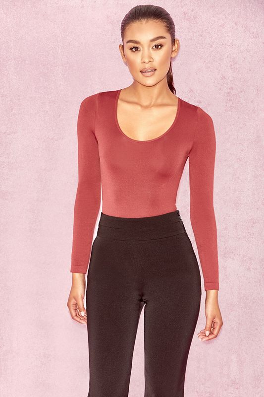 Burgundy House Of Cb Seamless Knit Scoop Neck Stretch Bodysuit | RAZ-310564