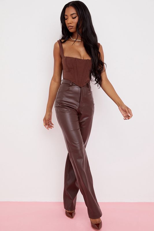 Chocolate House Of Cb Brown Stretch Vegan Leathers  Pants | EJD-738014